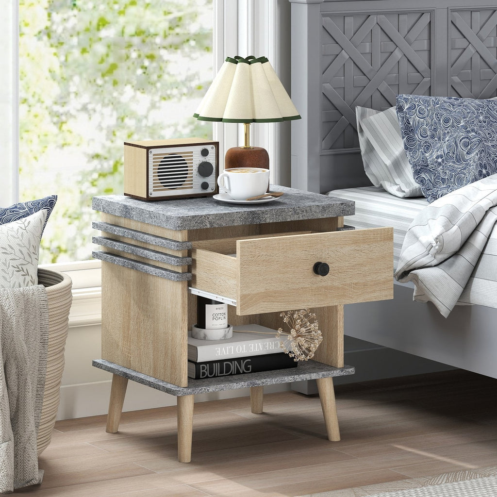 3 Tier Bedside Table Nightstand with Antique Grey Faux Marble Top