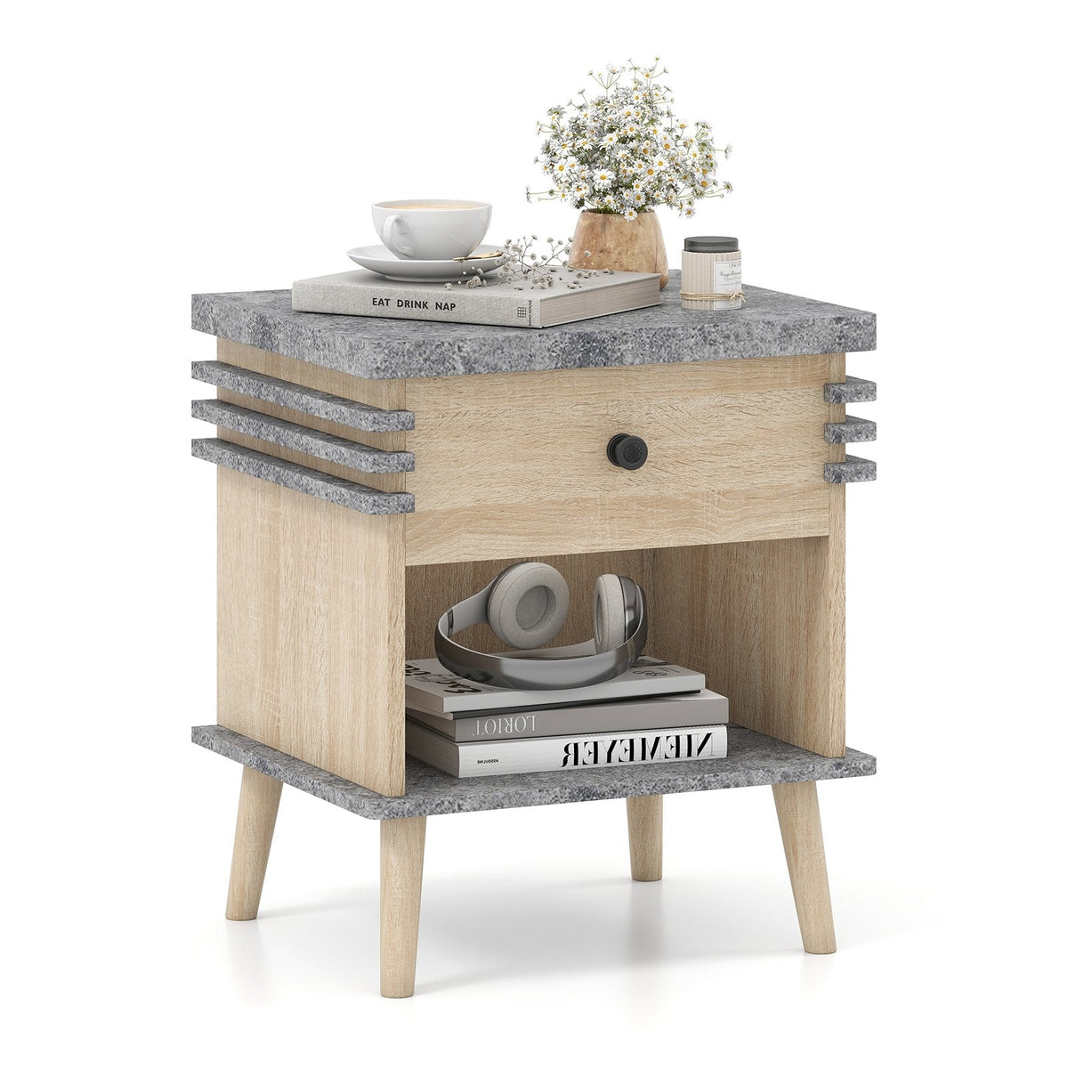 3 Tier Bedside Table Nightstand with Antique Grey Faux Marble Top
