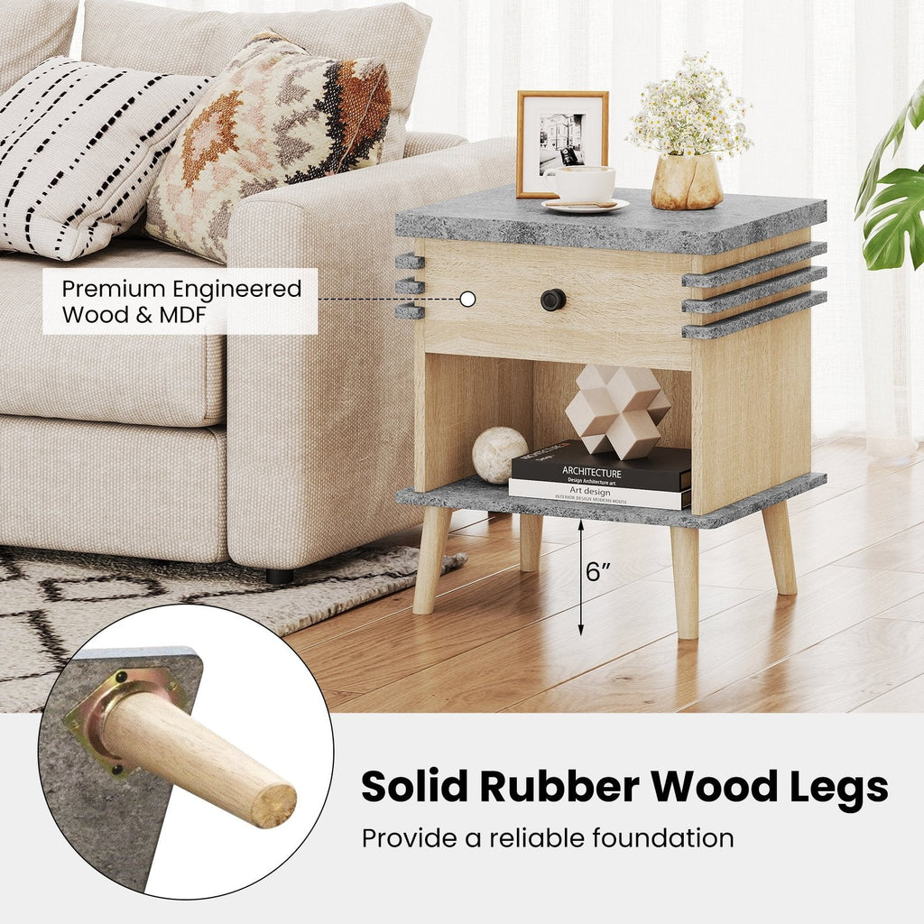 3 Tier Bedside Table Nightstand with Antique Grey Faux Marble Top
