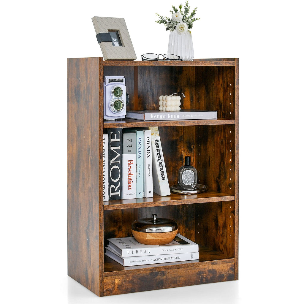 Rustic Brown 3 Tier Bookcase with 18 Position Adjustable Shelves, 29.5 Inch Display Cabinet