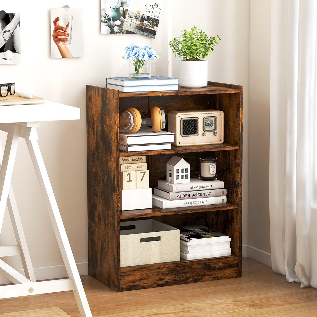 Rustic Brown 3 Tier Bookcase with 18 Position Adjustable Shelves, 29.5 Inch Display Cabinet
