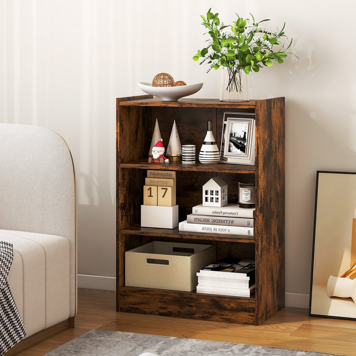 Rustic Brown 3 Tier Bookcase with 18 Position Adjustable Shelves, 29.5 Inch Display Cabinet