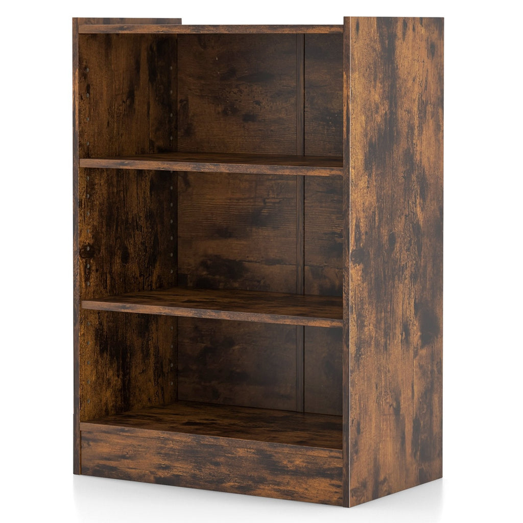Rustic Brown 3 Tier Bookcase with 18 Position Adjustable Shelves, 29.5 Inch Display Cabinet