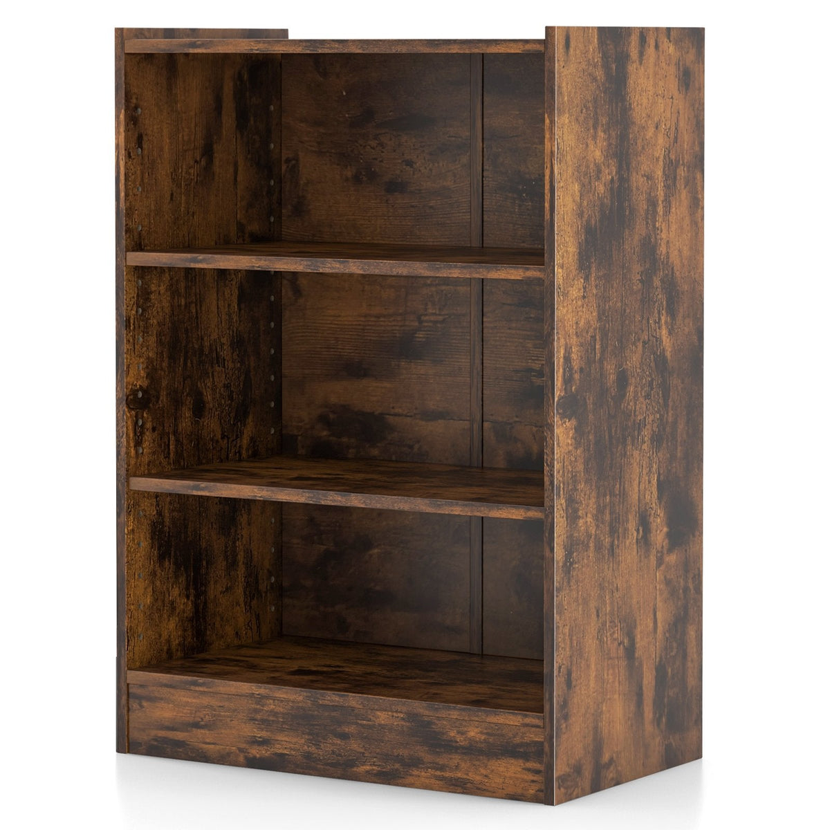 Rustic Brown 3 Tier Bookcase with 18 Position Adjustable Shelves, 29.5 Inch Display Cabinet