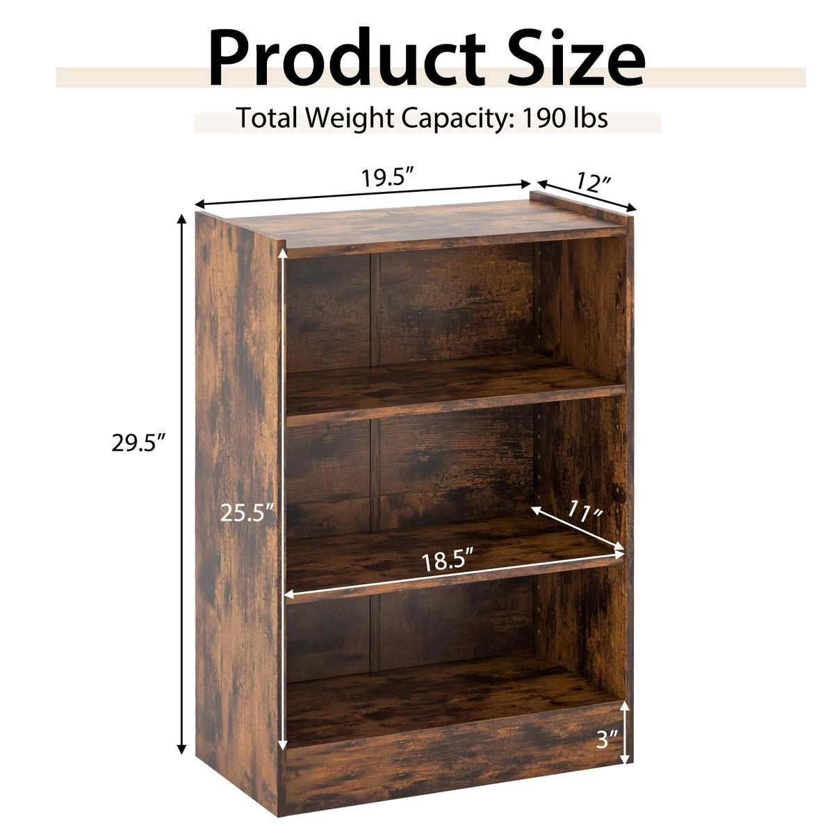 Rustic Brown 3 Tier Bookcase with 18 Position Adjustable Shelves, 29.5 Inch Display Cabinet