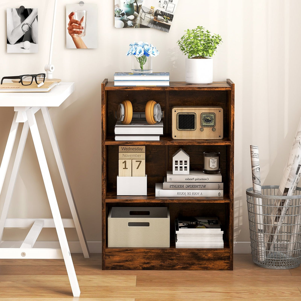Rustic Brown 3 Tier Bookcase with 18 Position Adjustable Shelves, 29.5 Inch Display Cabinet