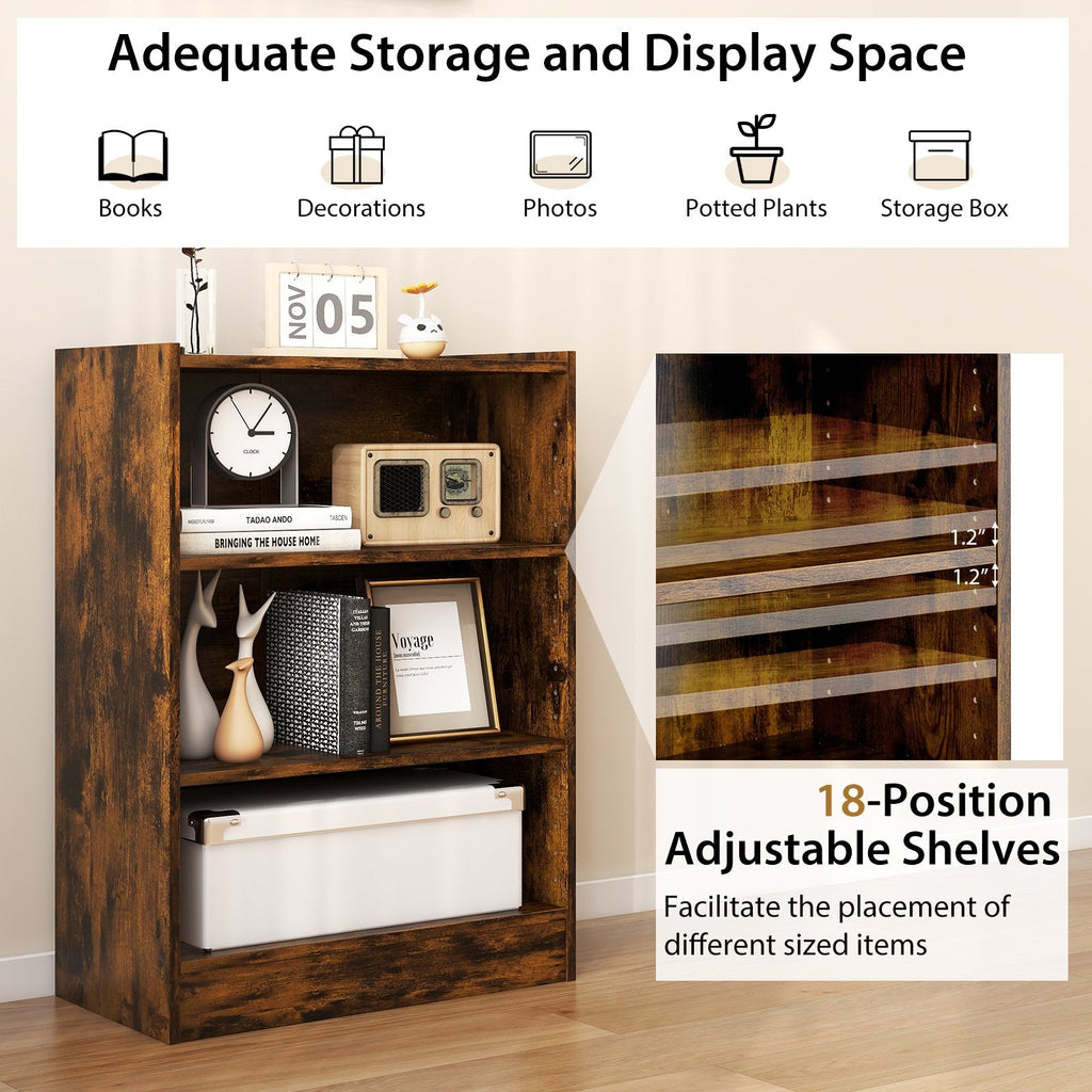 Rustic Brown 3 Tier Bookcase with 18 Position Adjustable Shelves, 29.5 Inch Display Cabinet