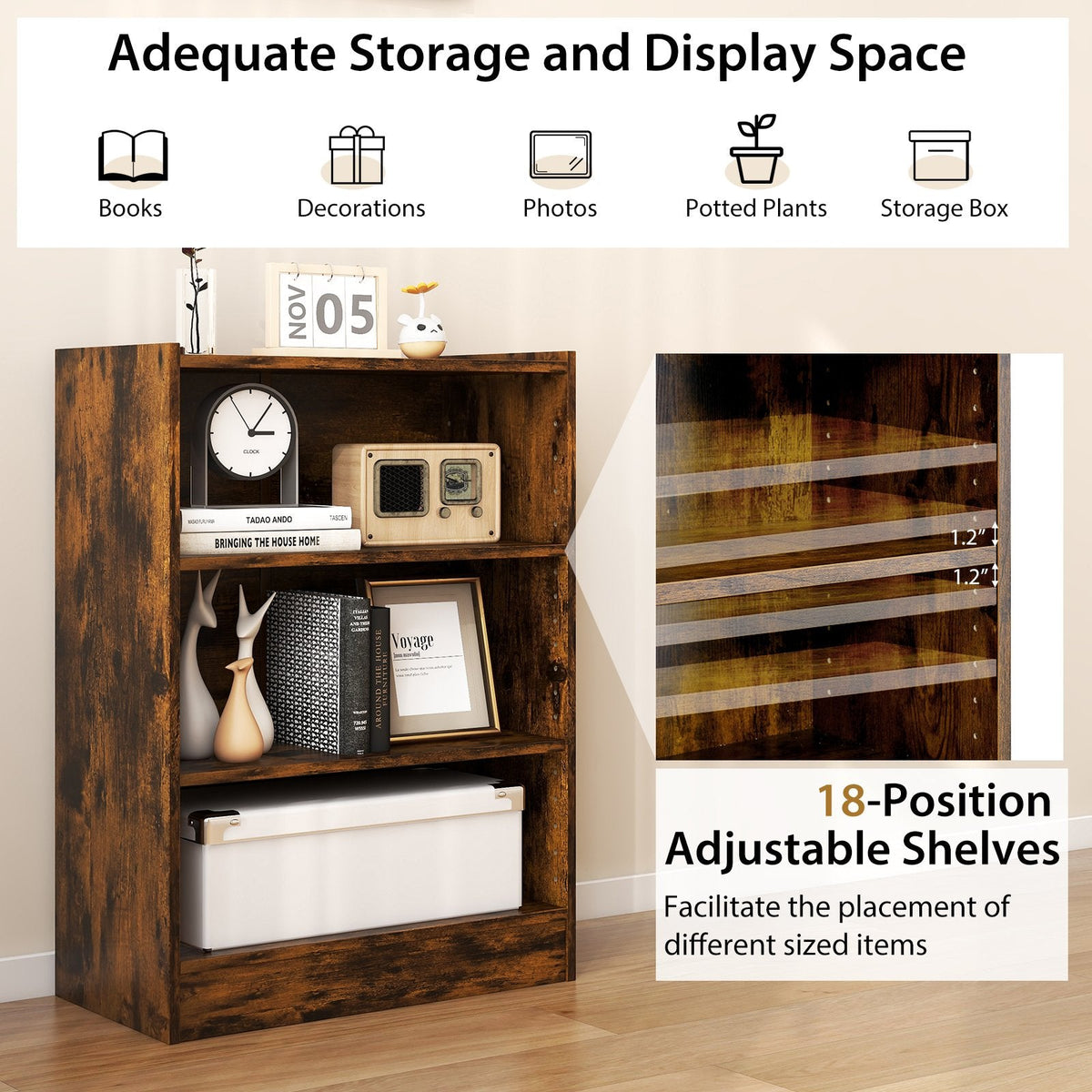 Rustic Brown 3 Tier Bookcase with 18 Position Adjustable Shelves, 29.5 Inch Display Cabinet