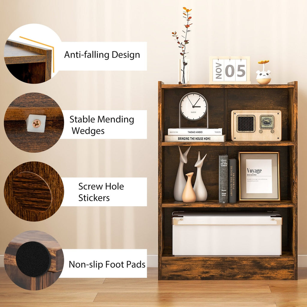 Rustic Brown 3 Tier Bookcase with 18 Position Adjustable Shelves, 29.5 Inch Display Cabinet