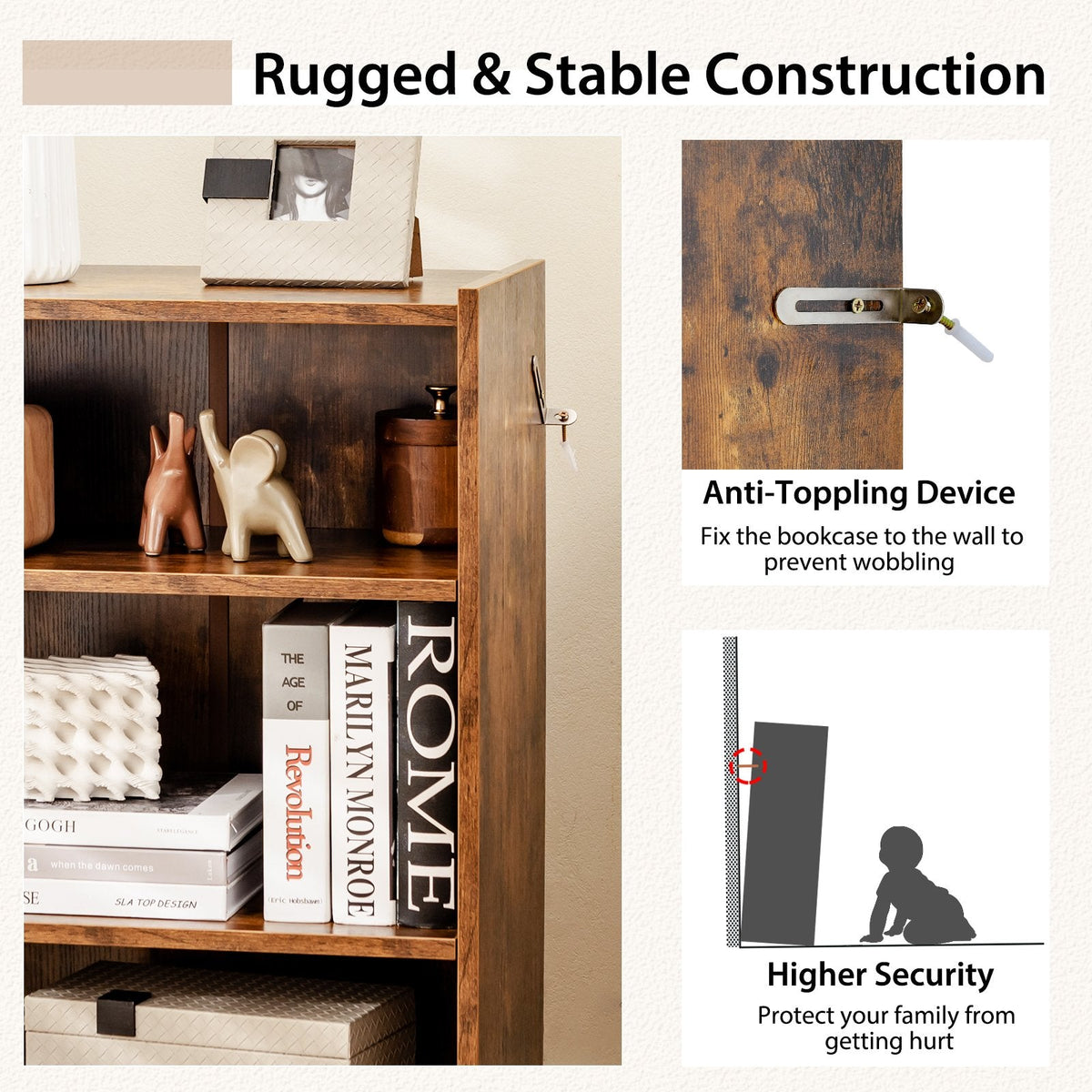 Rustic Brown 3 Tier Bookcase with 18 Position Adjustable Shelves, 29.5 Inch Display Cabinet