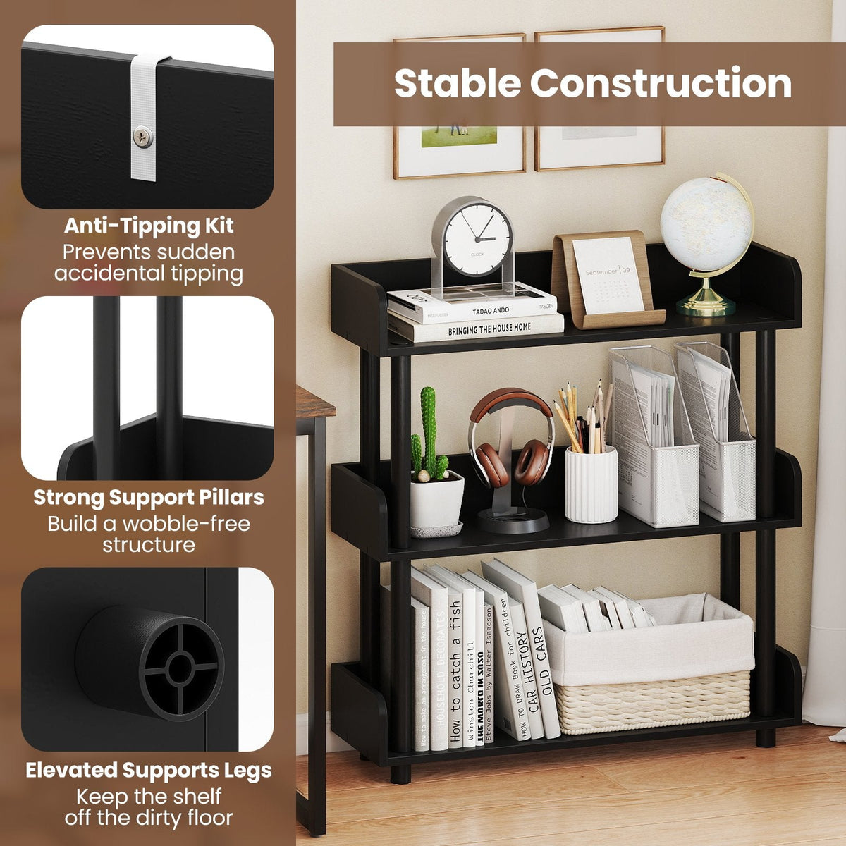 3-Tier Bookshelf with Anti-Tipping Kit and Industrial Storage Unit for Living Room-Black