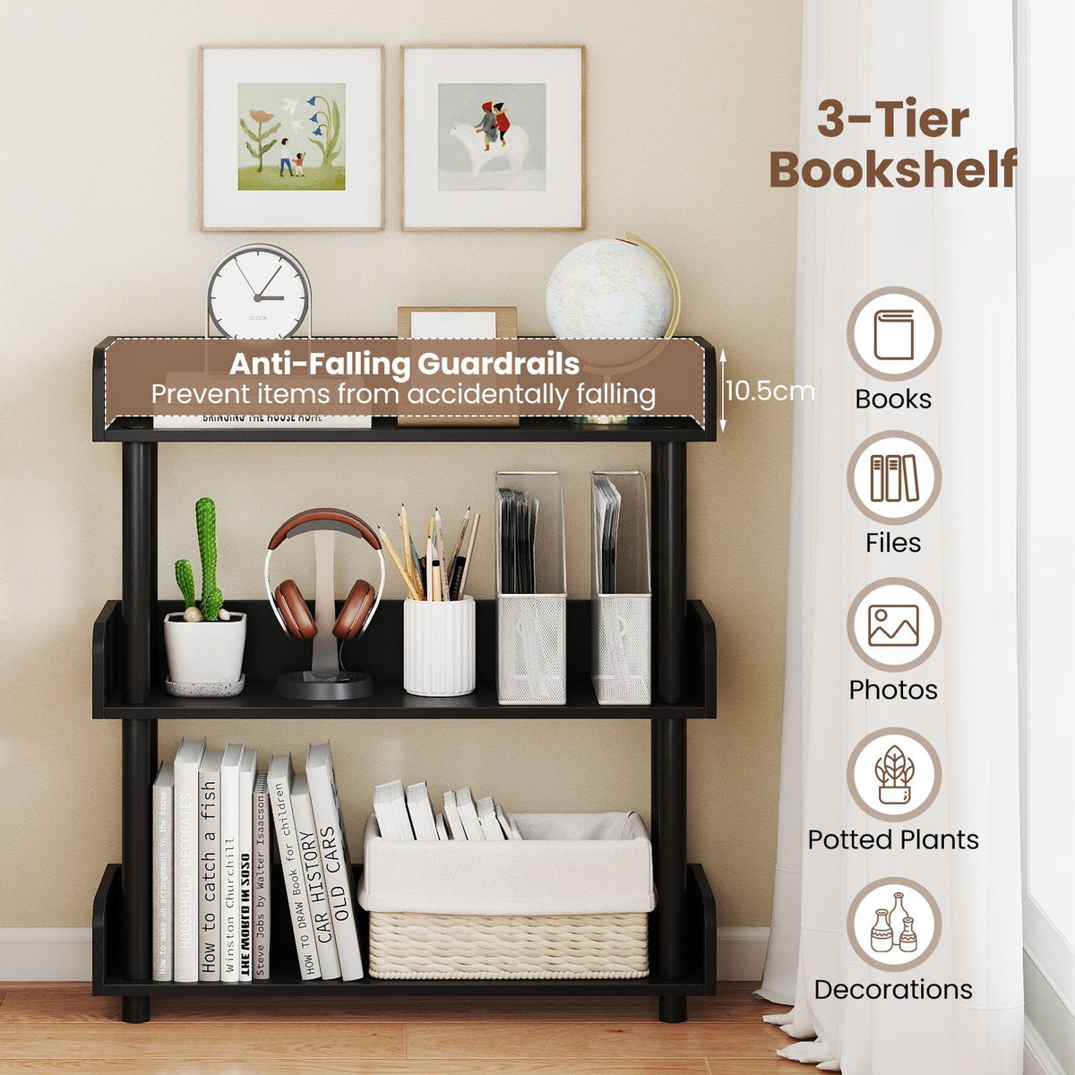 3-Tier Bookshelf with Anti-Tipping Kit and Industrial Storage Unit for Living Room-Black