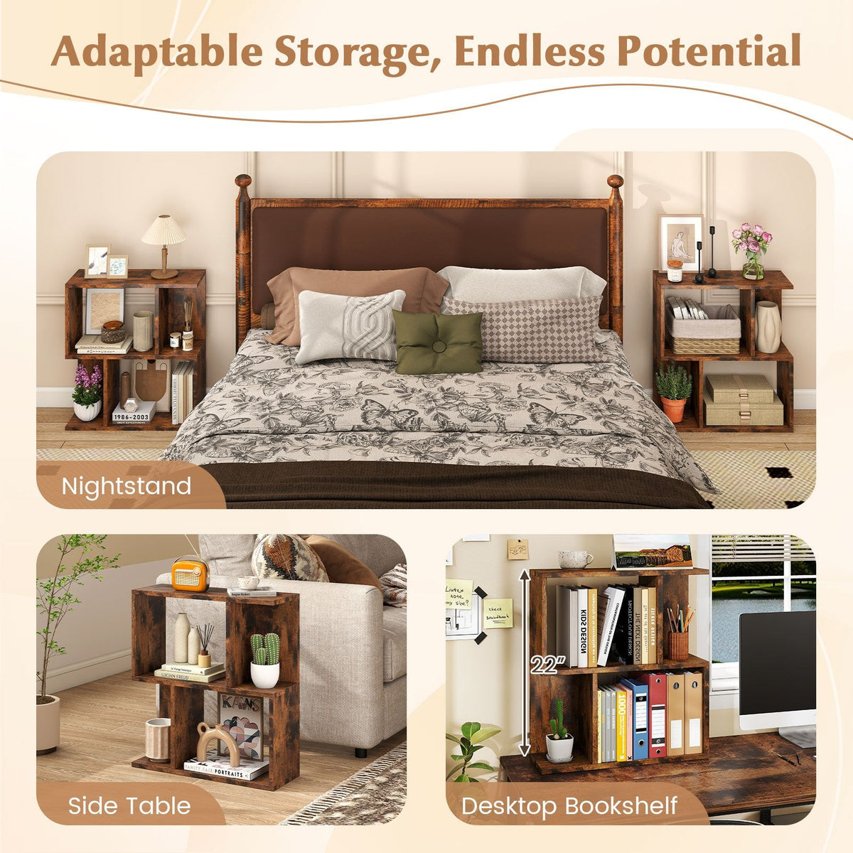 3-Tier Bookshelf with Display Shelf for Small Space-Rustic Brown