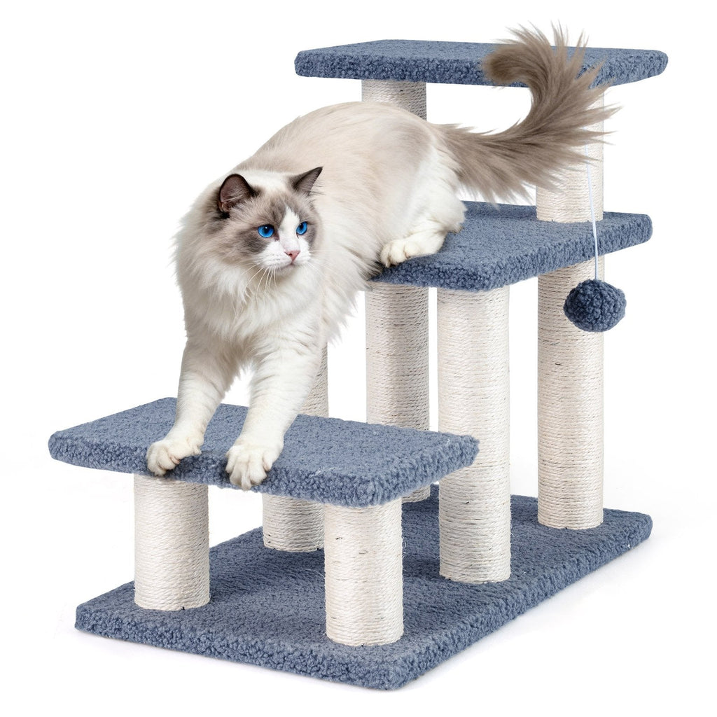 3 Tier Cat Stairs, 20 Inch Pet Steps with Sisal Posts and Hanging Plush Ball, Gray