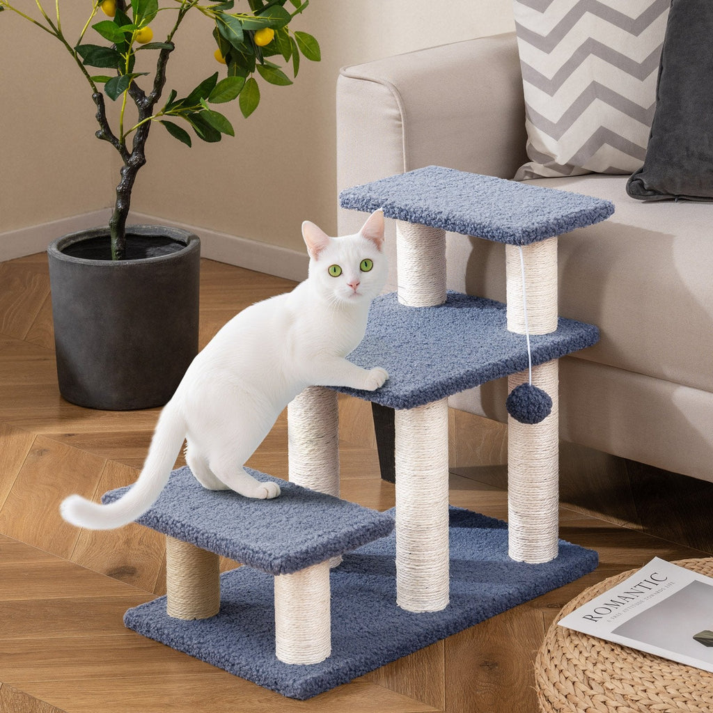 3 Tier Cat Stairs, 20 Inch Pet Steps with Sisal Posts and Hanging Plush Ball, Gray