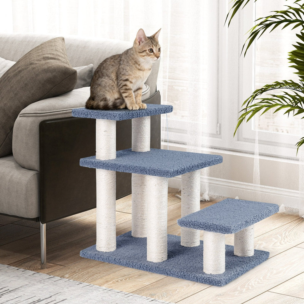 3 Tier Cat Stairs, 20 Inch Pet Steps with Sisal Posts and Hanging Plush Ball, Gray