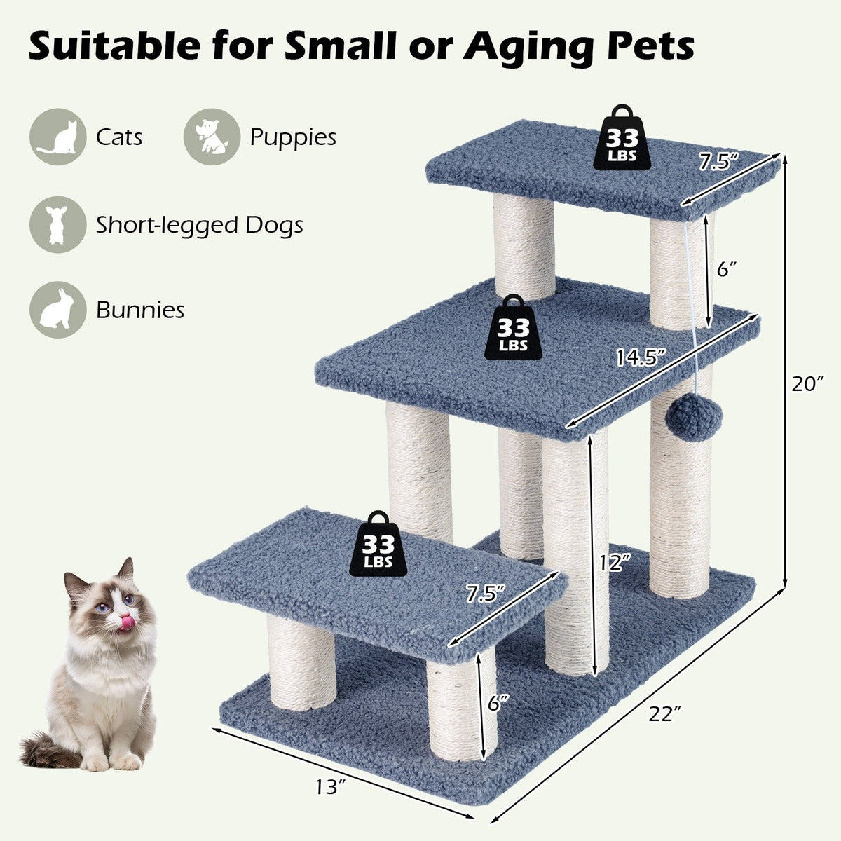 3 Tier Cat Stairs, 20 Inch Pet Steps with Sisal Posts and Hanging Plush Ball, Gray