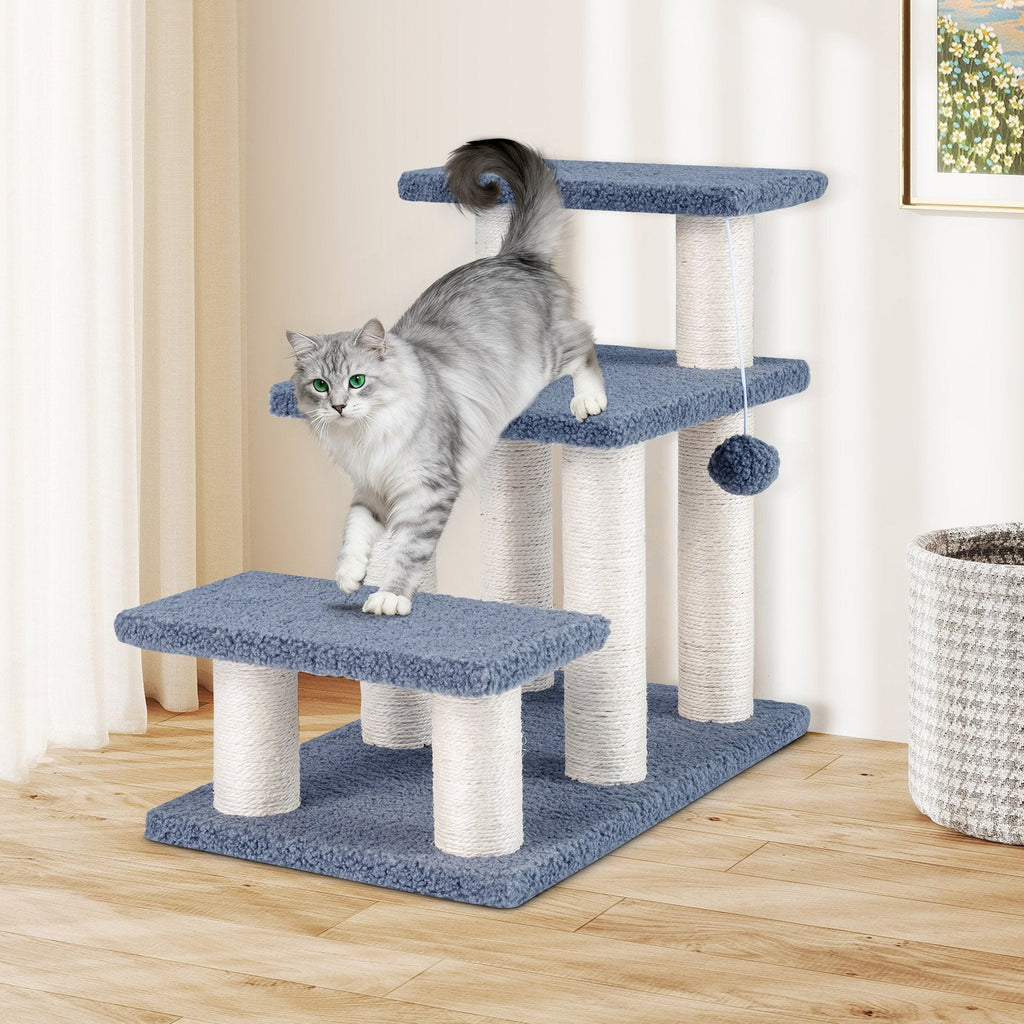 3 Tier Cat Stairs, 20 Inch Pet Steps with Sisal Posts and Hanging Plush Ball, Gray