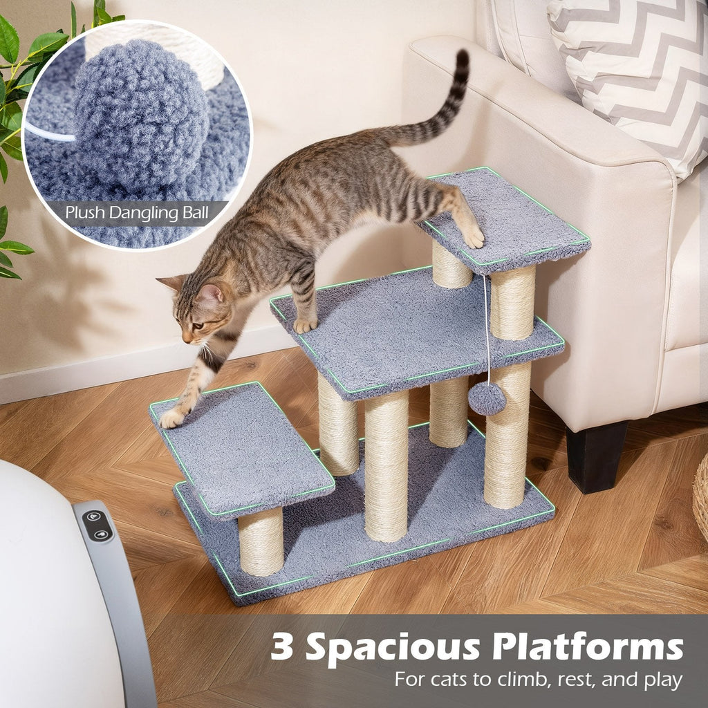 3 Tier Cat Stairs, 20 Inch Pet Steps with Sisal Posts and Hanging Plush Ball, Gray
