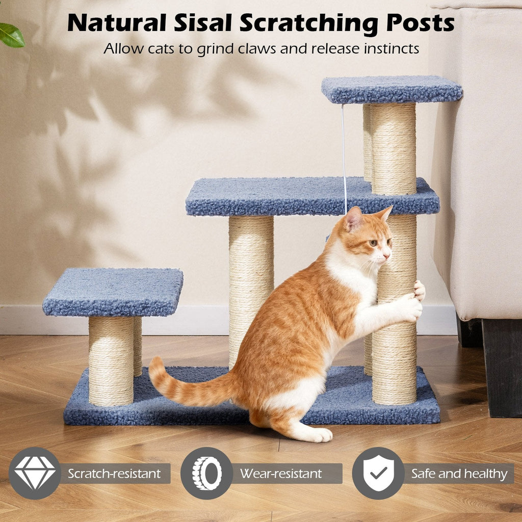 3 Tier Cat Stairs, 20 Inch Pet Steps with Sisal Posts and Hanging Plush Ball, Gray