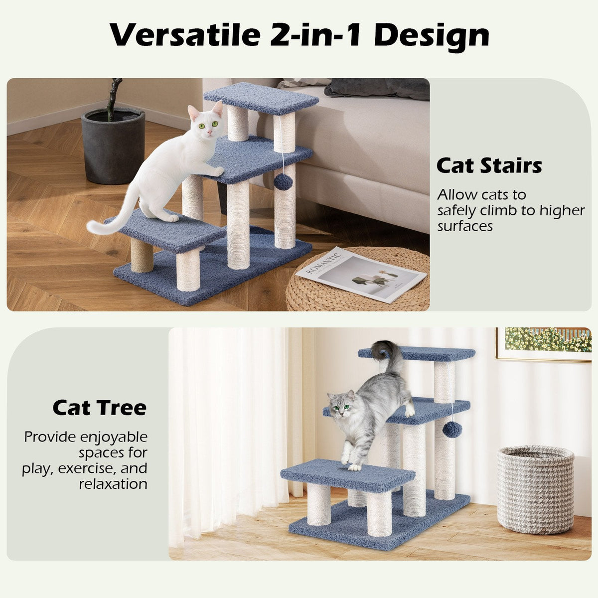 3 Tier Cat Stairs, 20 Inch Pet Steps with Sisal Posts and Hanging Plush Ball, Gray