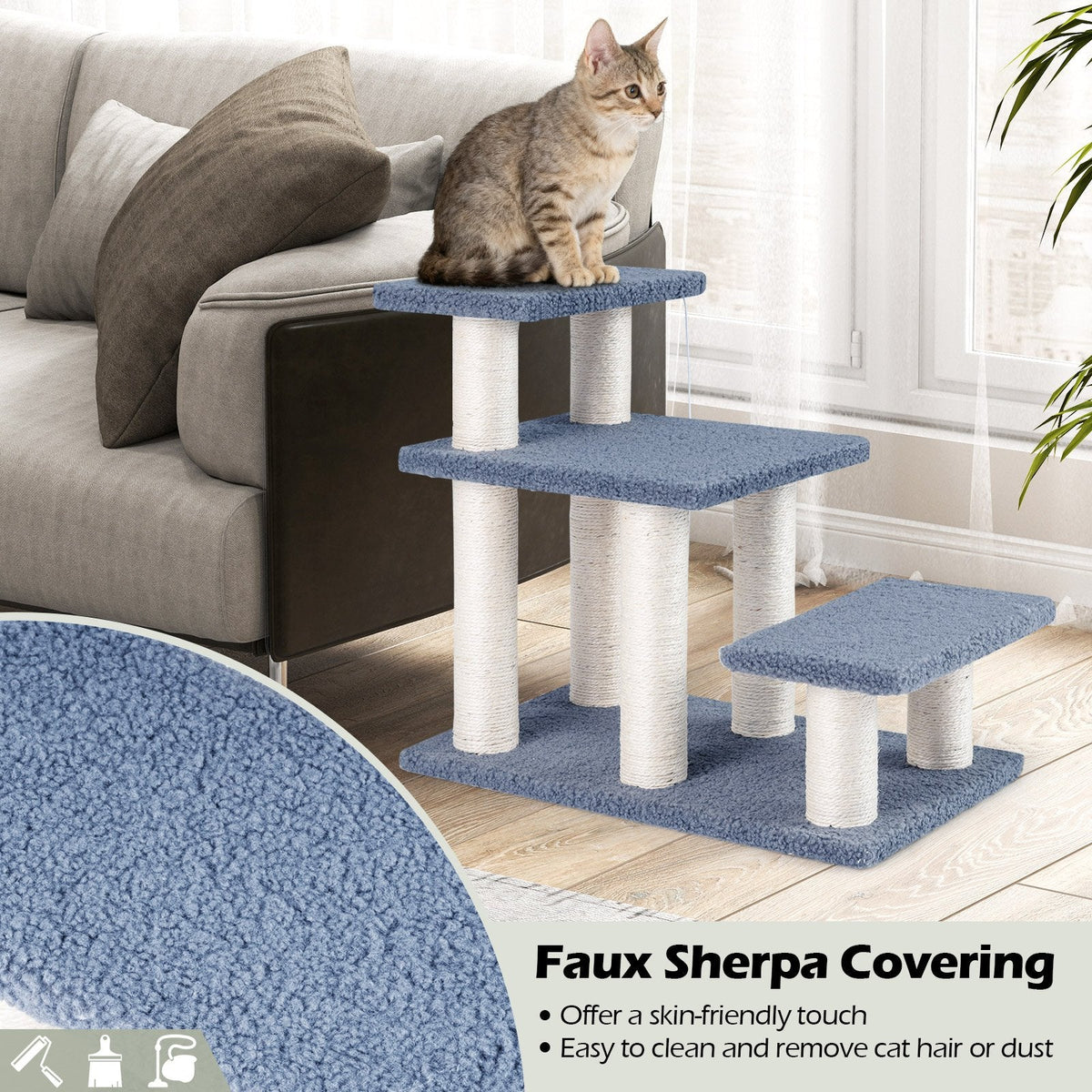 3 Tier Cat Stairs, 20 Inch Pet Steps with Sisal Posts and Hanging Plush Ball, Gray