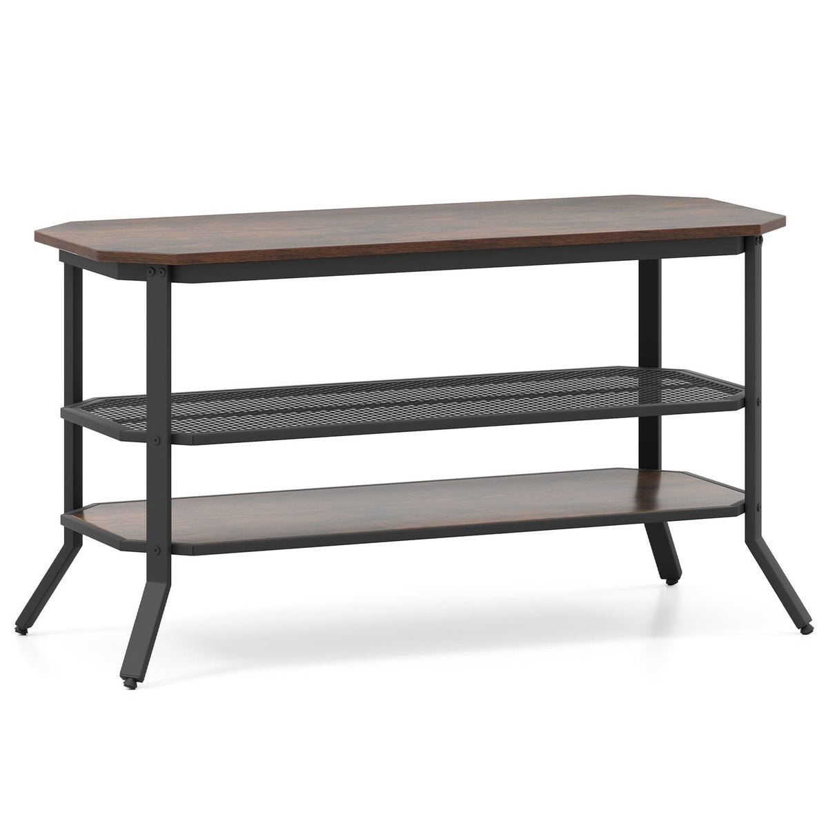 3-tier Console Table TV Stand with Mesh Storage Shelf-Rustic Brown