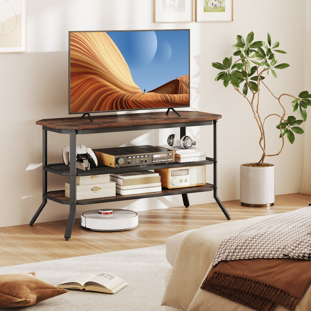 3-tier Console Table TV Stand with Mesh Storage Shelf-Rustic Brown
