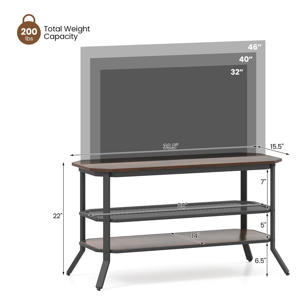 3-tier Console Table TV Stand with Mesh Storage Shelf-Rustic Brown