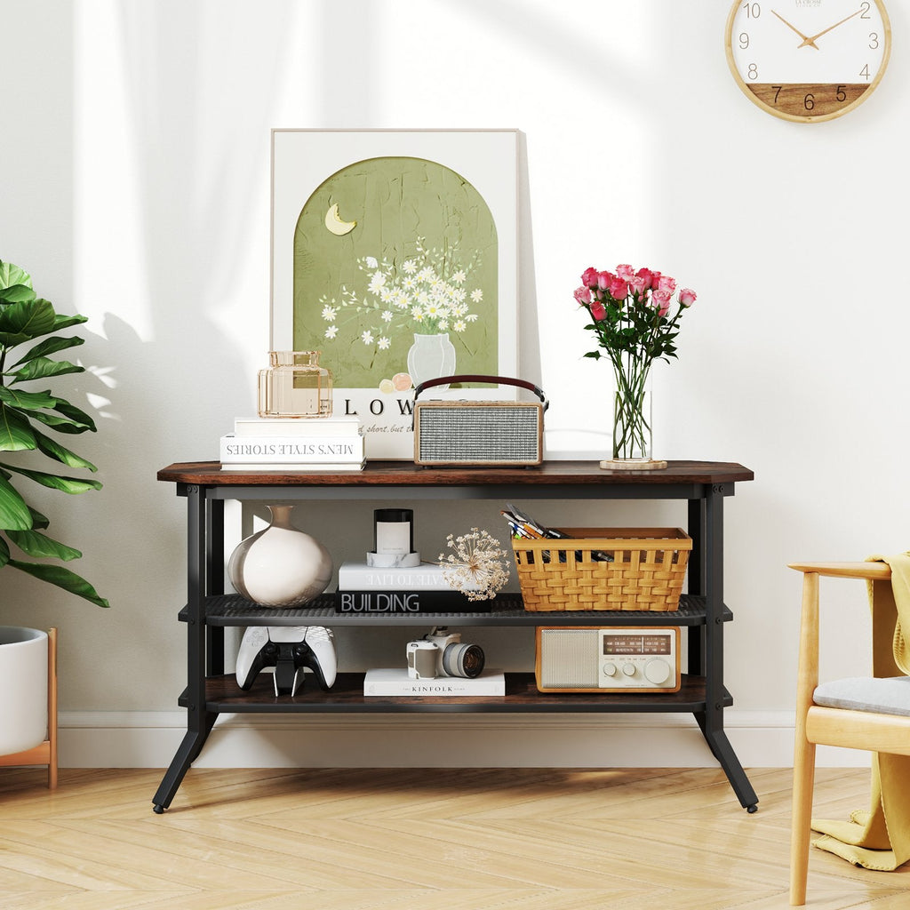 3-tier Console Table TV Stand with Mesh Storage Shelf-Rustic Brown