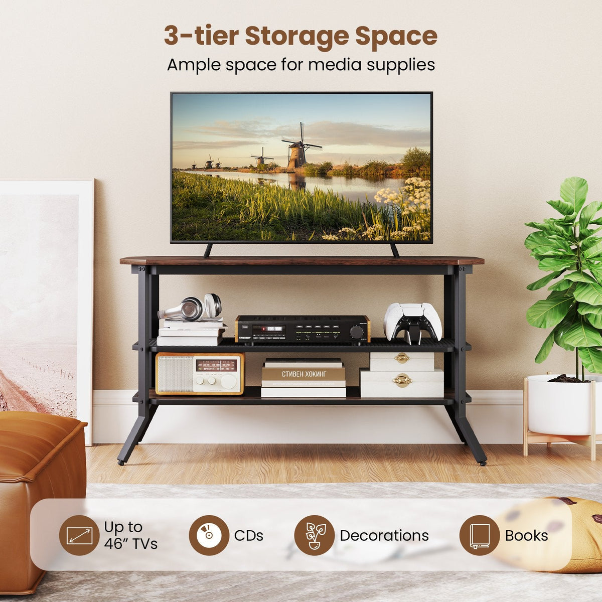 3-tier Console Table TV Stand with Mesh Storage Shelf-Rustic Brown