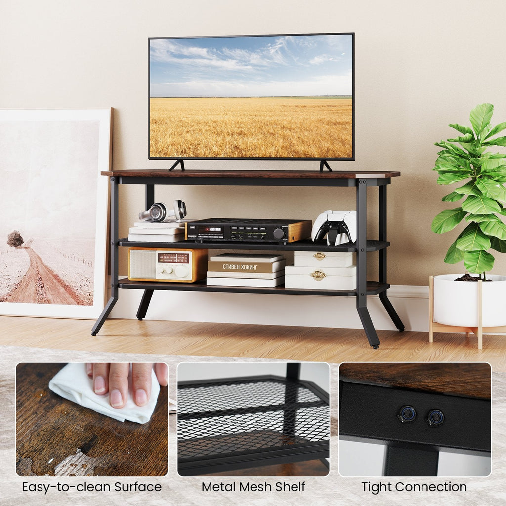 3-tier Console Table TV Stand with Mesh Storage Shelf-Rustic Brown