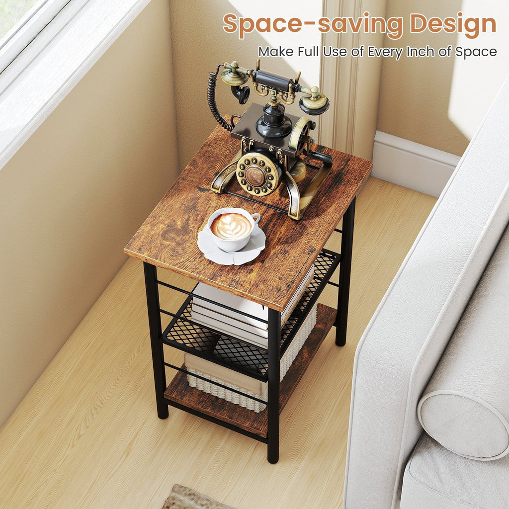 3-Tier End Table Space-Saving Nightstand Industrial Bedside Table for Living Room Bedroom-Rustic Brown