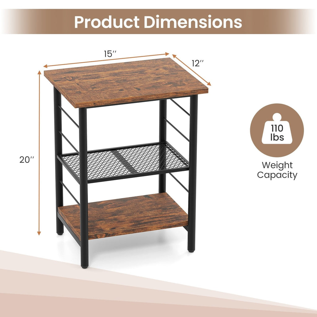 3-Tier End Table Space-Saving Nightstand Industrial Bedside Table for Living Room Bedroom-Rustic Brown