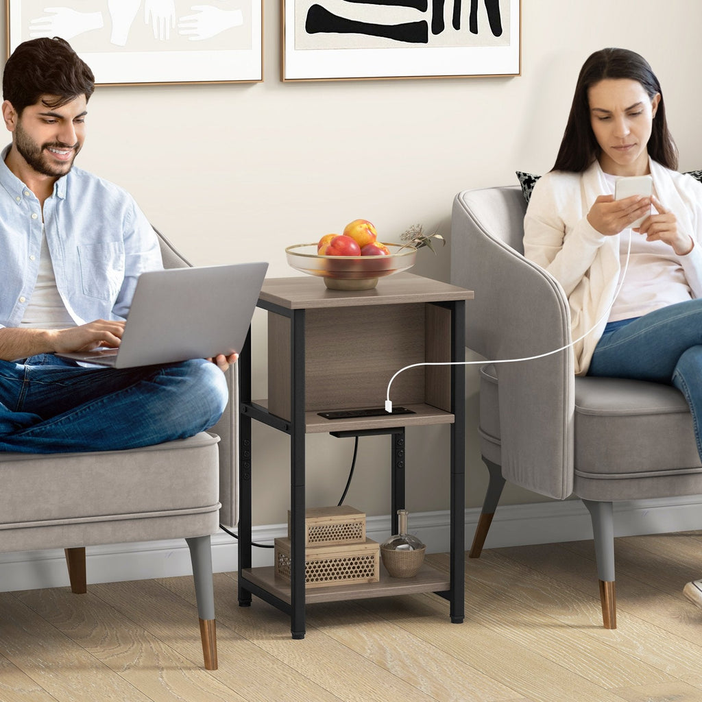 3-Tier End Table with 2 Power Outlets and 2 USB Ports, Grey and Black