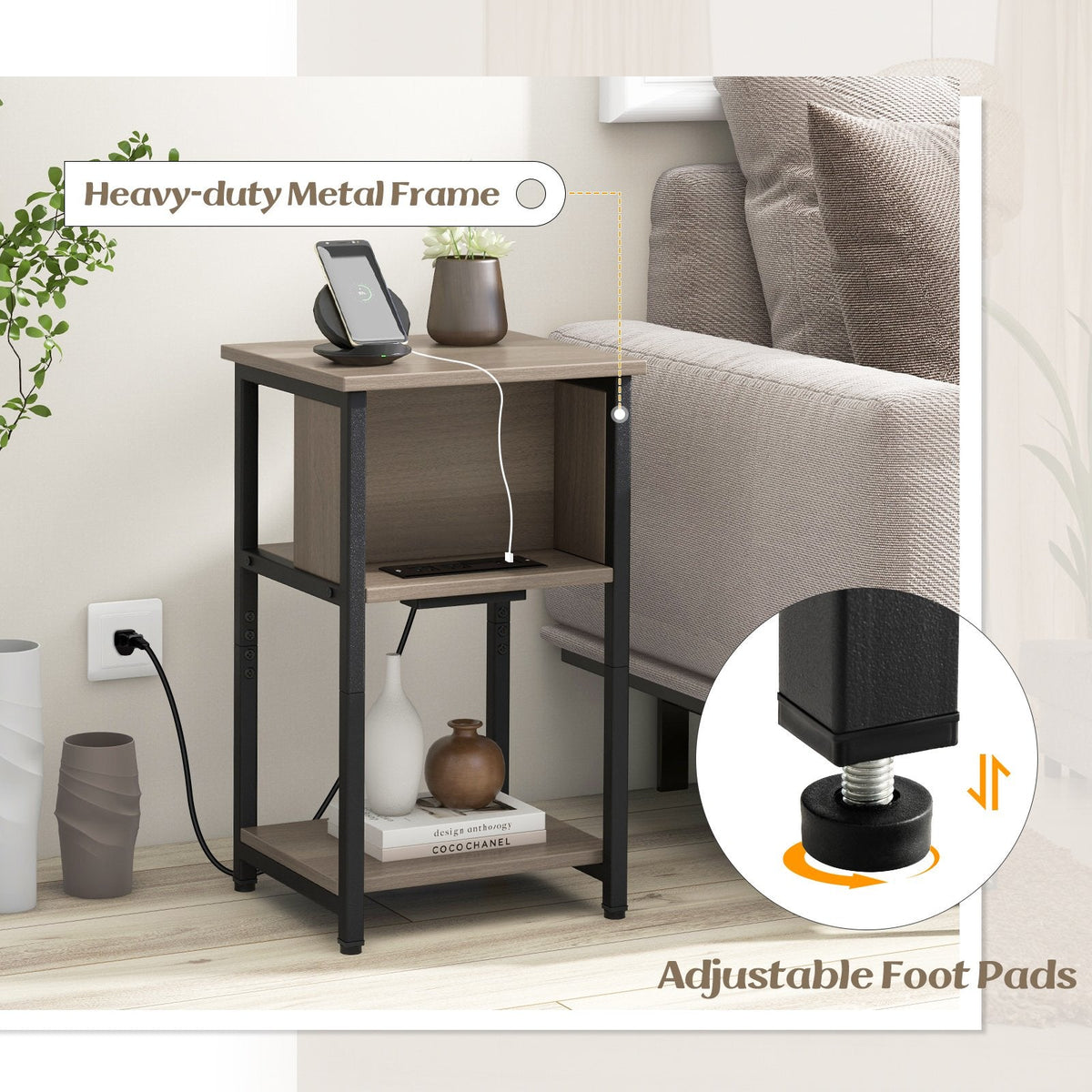 3-Tier End Table with 2 Power Outlets and 2 USB Ports, Grey and Black