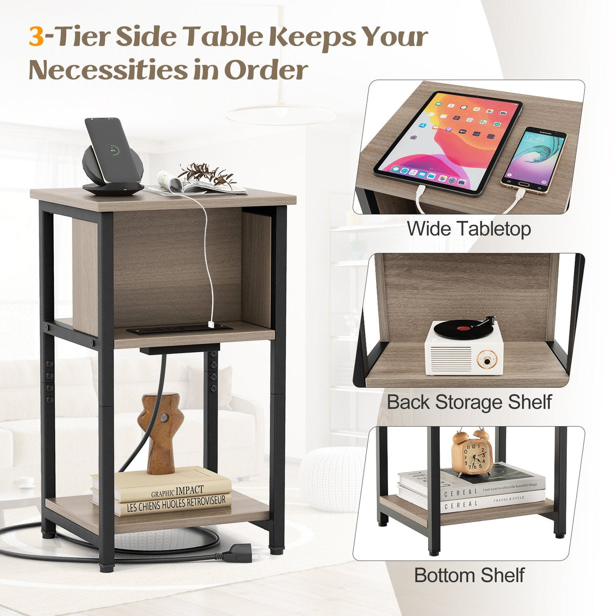 3-Tier End Table with 2 Power Outlets and 2 USB Ports, Grey and Black