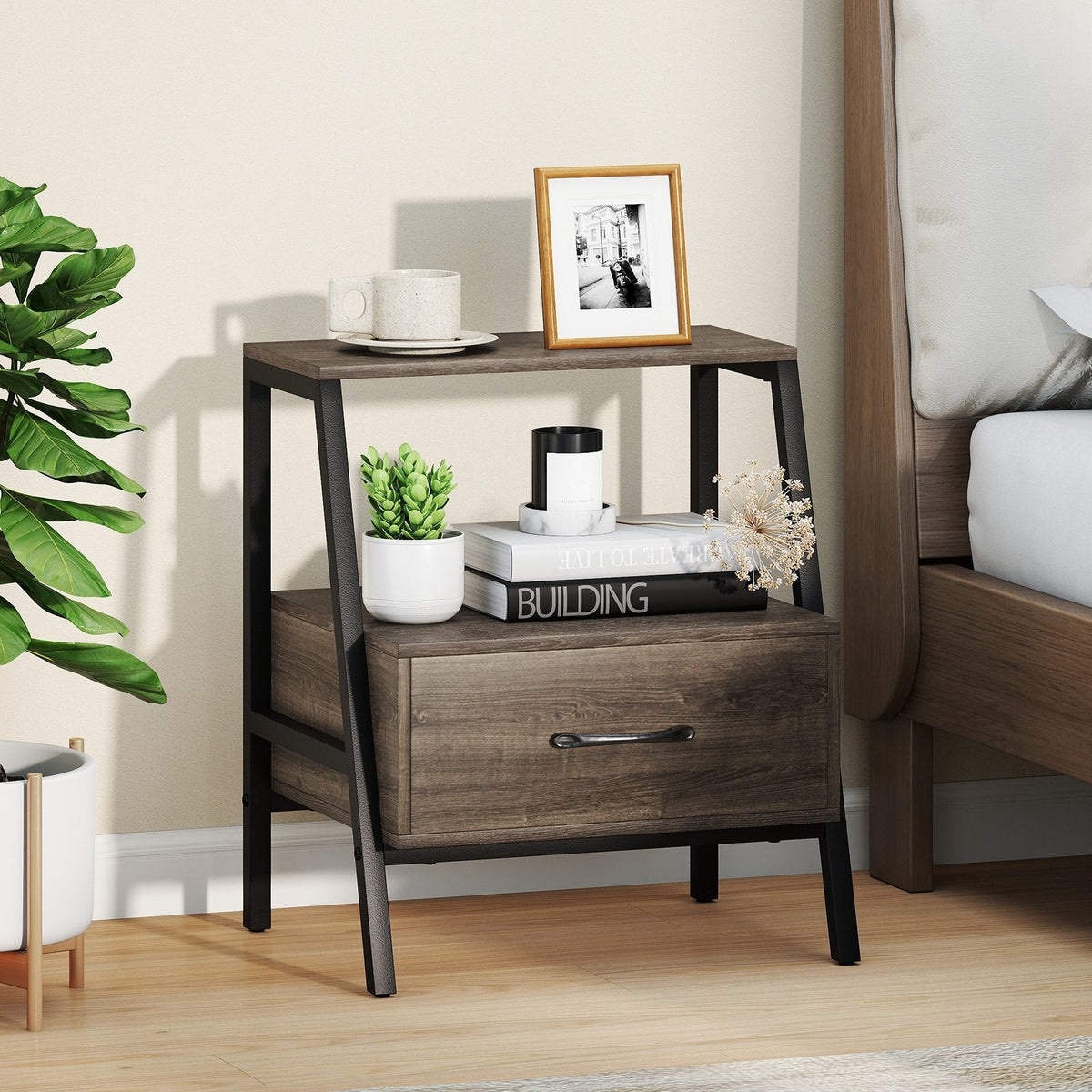 3 Tier Farmhouse Nightstand with Open Shelf