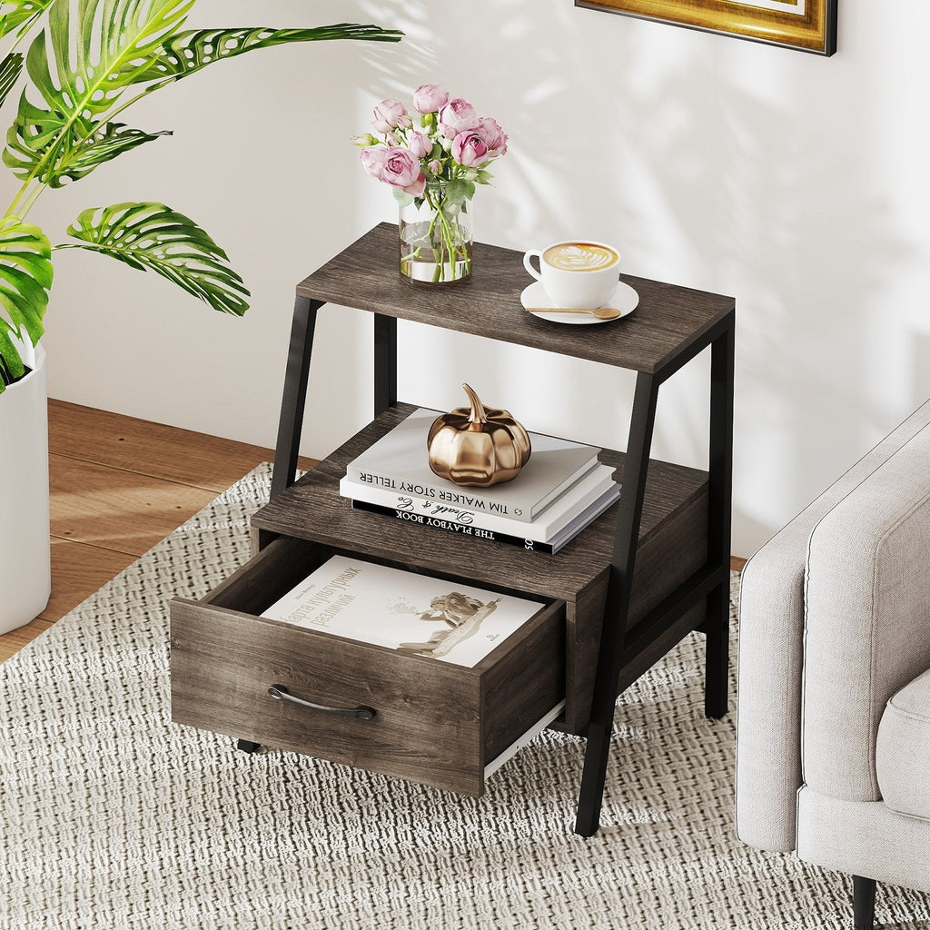 3 Tier Farmhouse Nightstand with Open Shelf