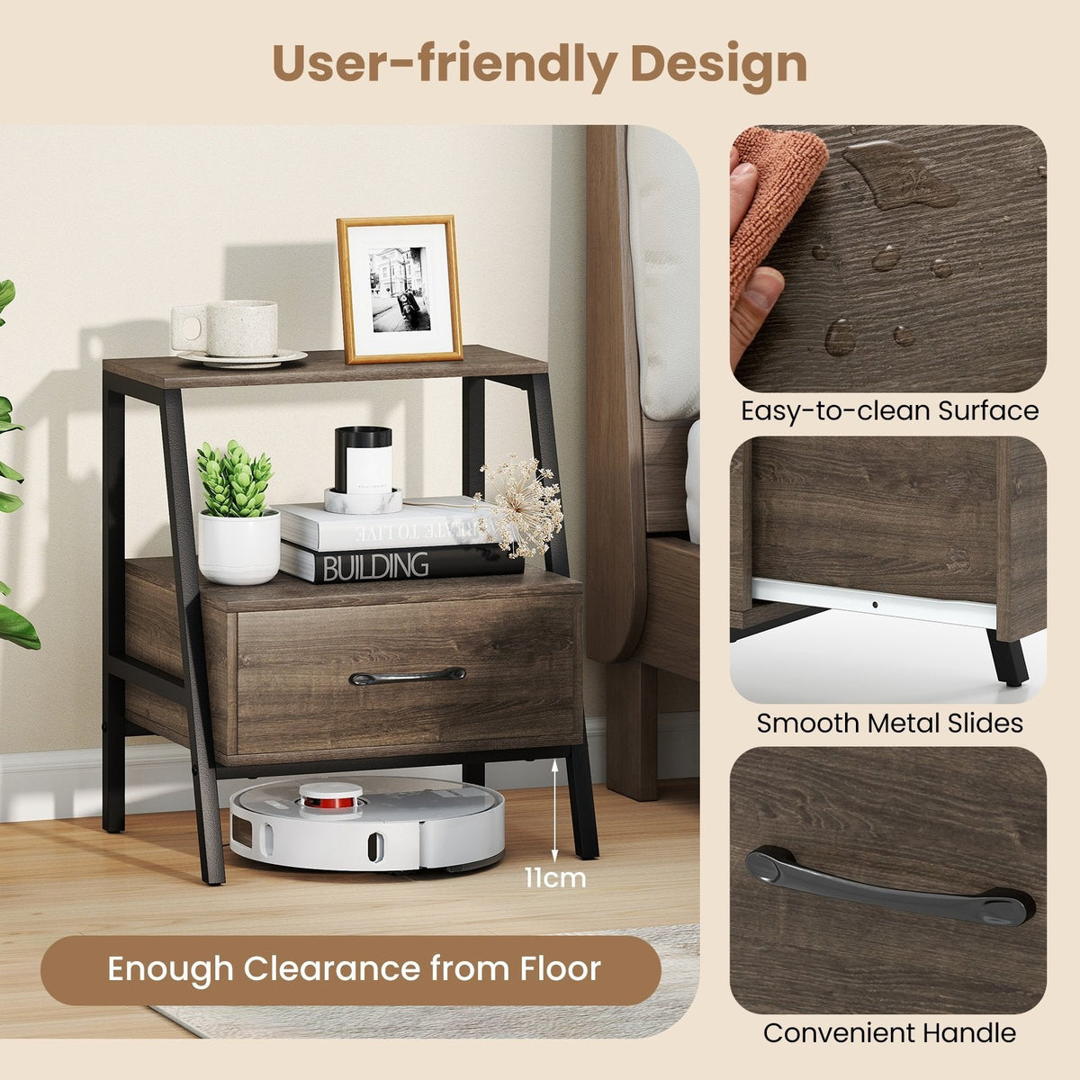 3 Tier Farmhouse Nightstand with Open Shelf