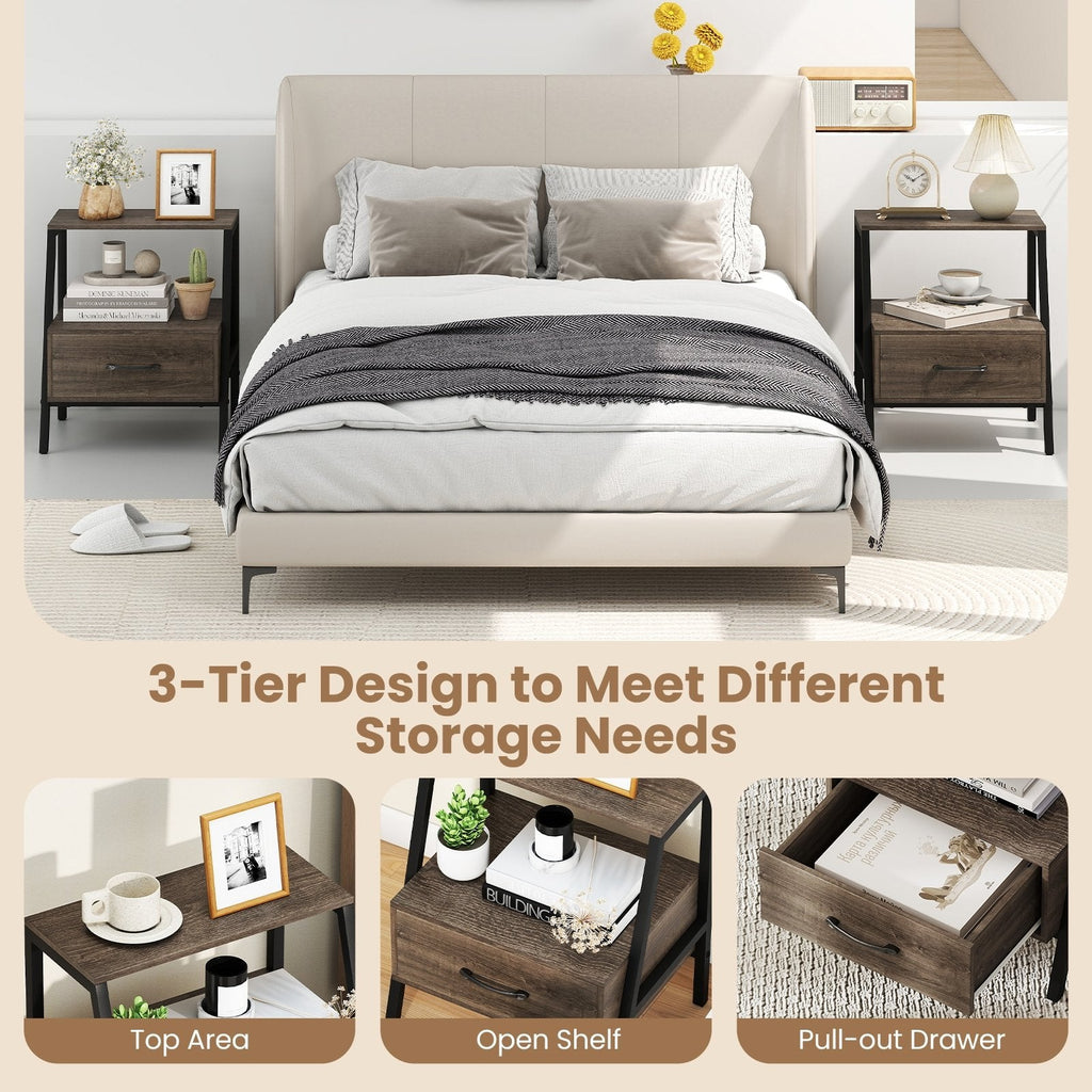 3 Tier Farmhouse Nightstand with Open Shelf