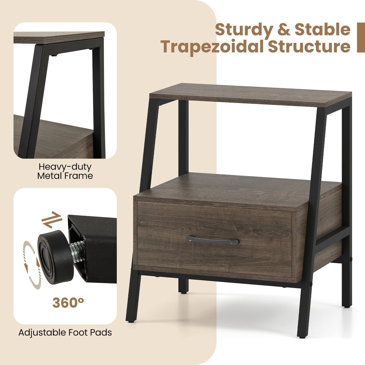 3 Tier Farmhouse Nightstand with Open Shelf