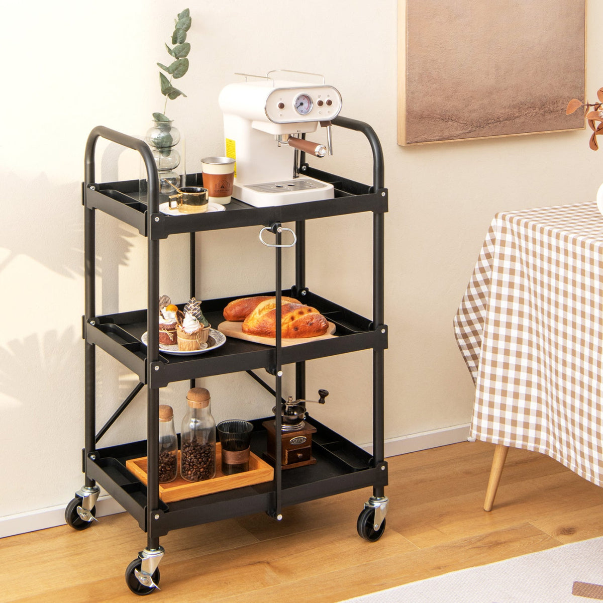 3-Tier Folding Trolley Cart with Universal Wheels Heavy Duty for Warehouse-Black