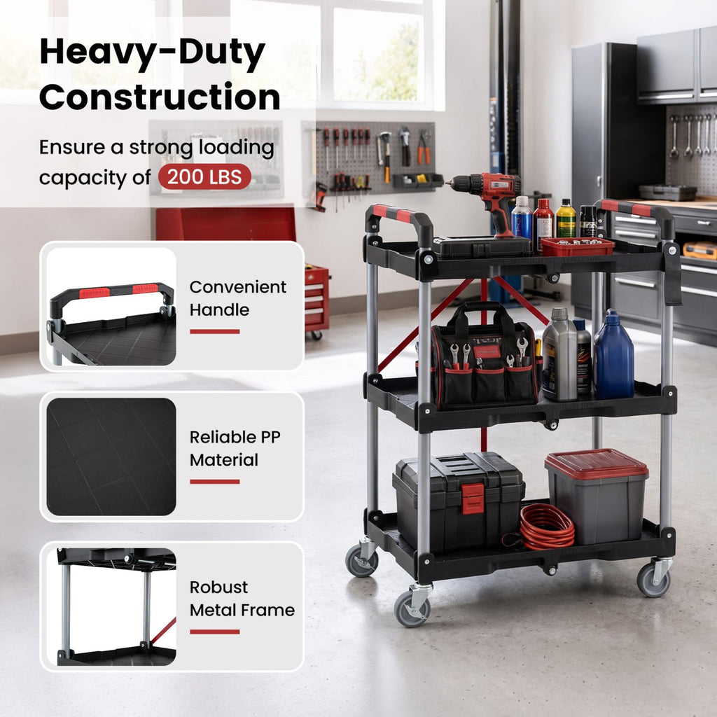 3-Tier Folding Utility Cart with Swivel Wheels and Brakes-Black
