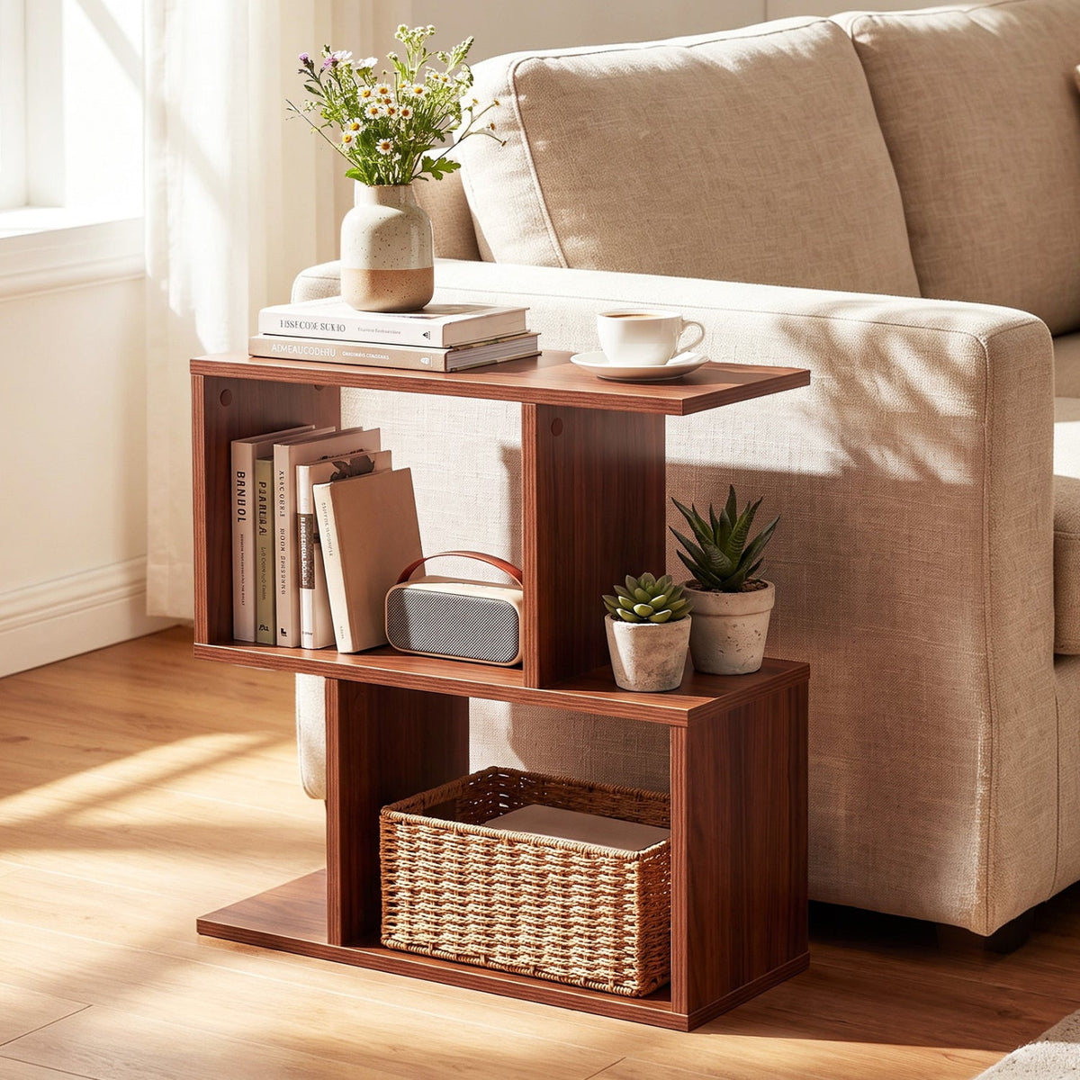 3-Tier Geometric Bookshelf Freestanding Display Shelf Side Table Set of 2-Walnut