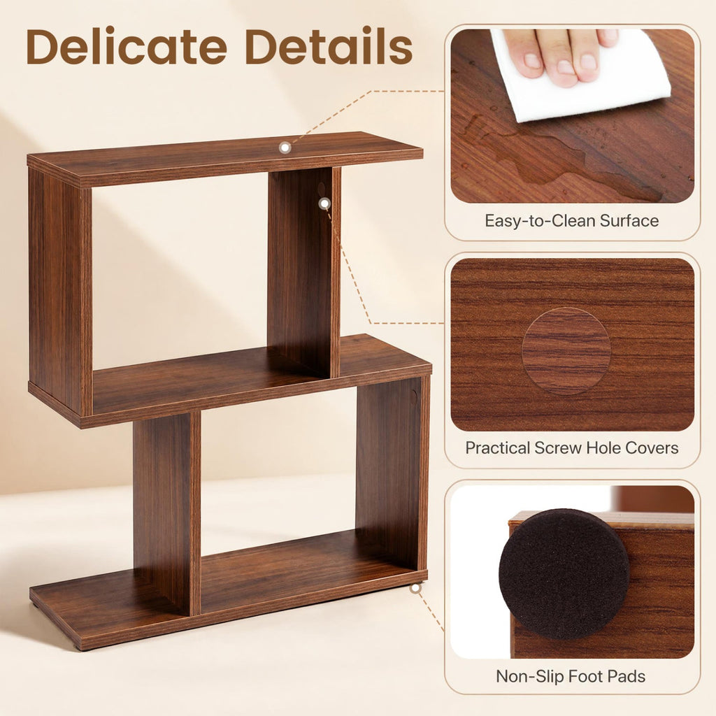 3-Tier Geometric Bookshelf Freestanding Display Shelf Side Table Set of 2-Walnut