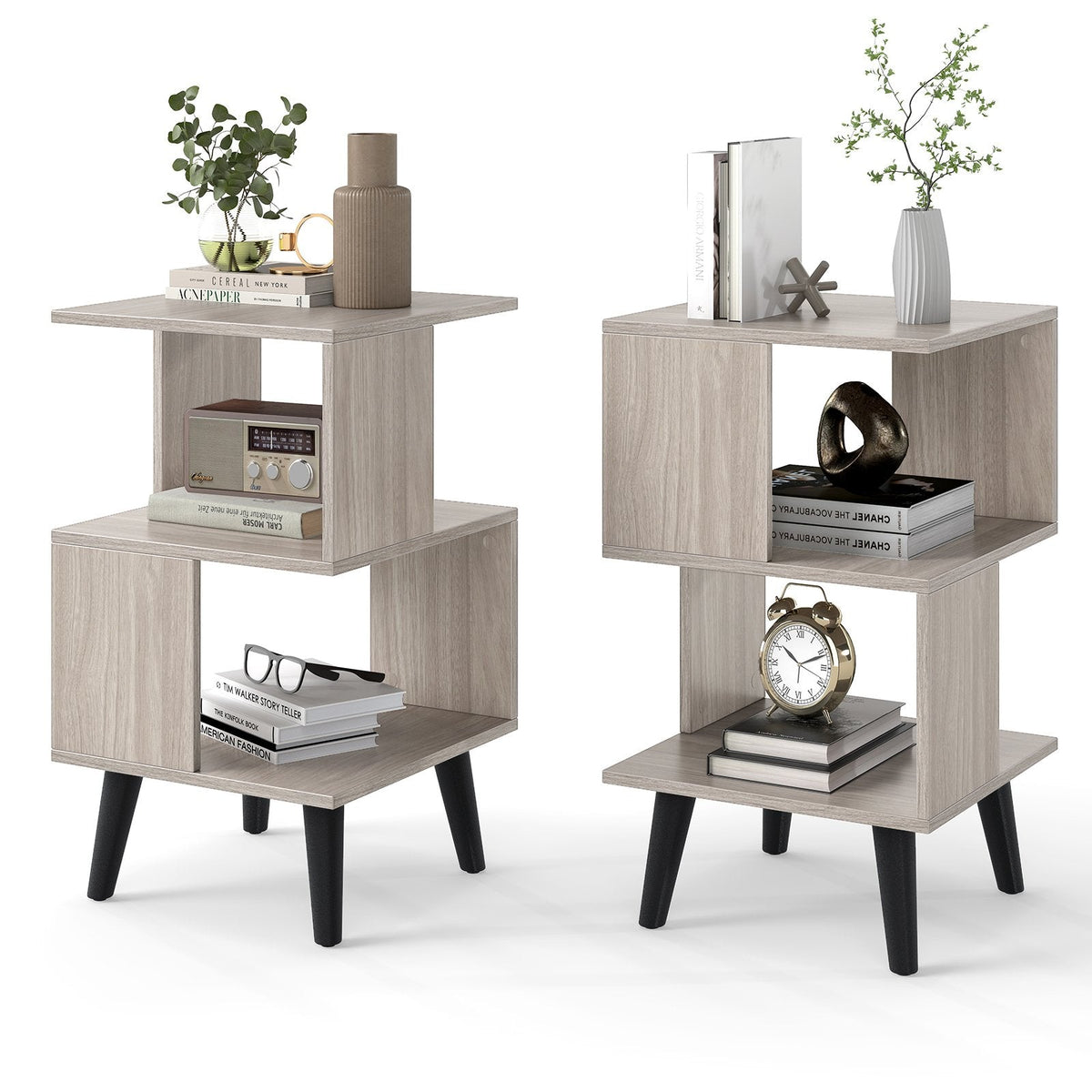 3 Tier Geometric Bookshelf Set of 2 with Open Storage Shelves