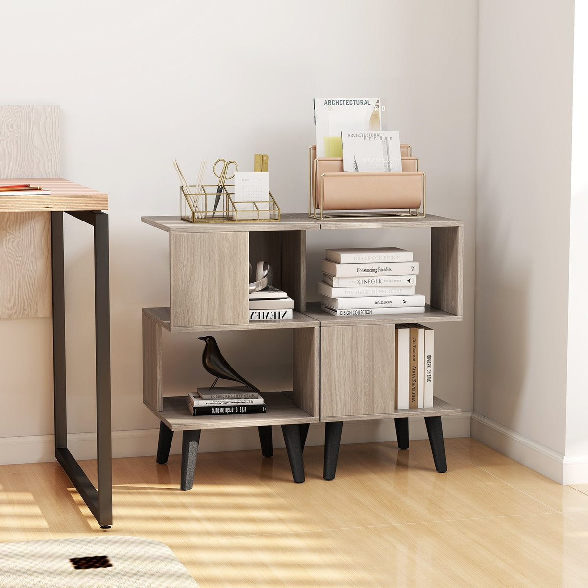 3 Tier Geometric Bookshelf Set of 2 with Open Storage Shelves