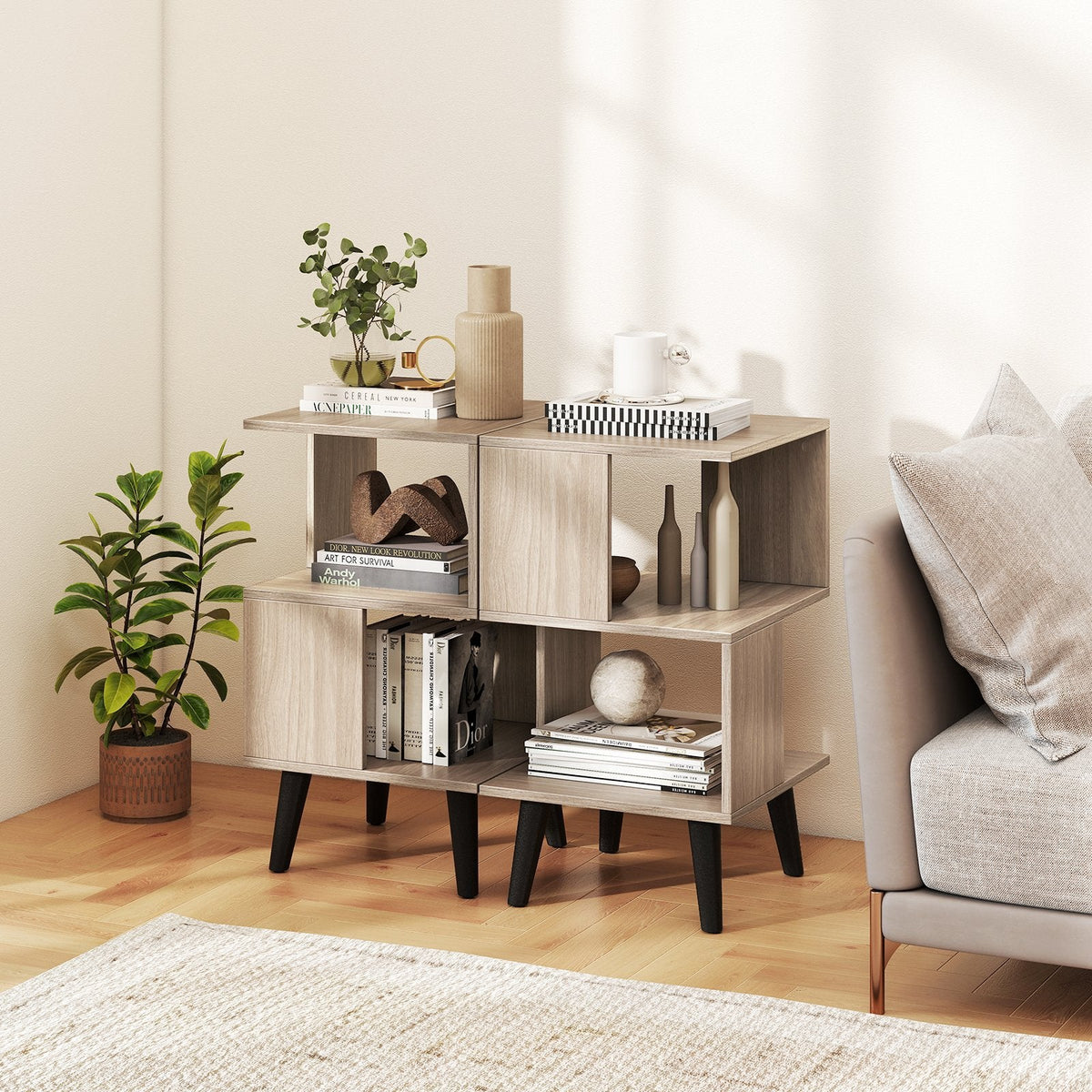 3 Tier Geometric Bookshelf Set of 2 with Open Storage Shelves