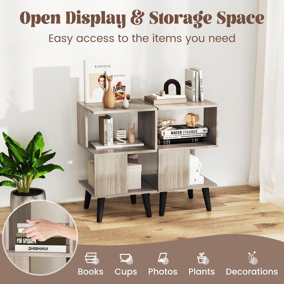3 Tier Geometric Bookshelf Set of 2 with Open Storage Shelves